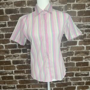 Uniti Womens Collar Shirt Pink Blue Stripe Button Up Lightweight Textured M ￼
